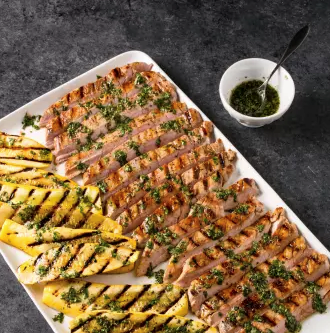 Grilled pork tenderloin and summer squash with chimichurri