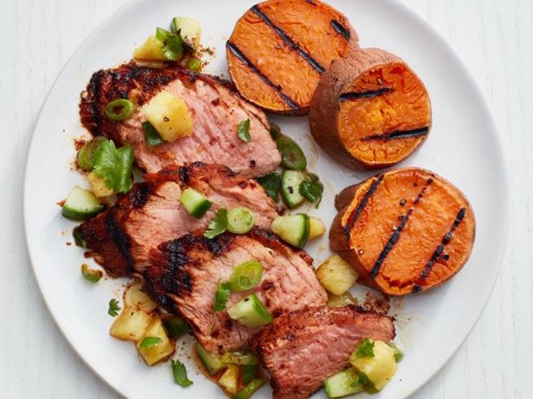 Grilled pork tenderloin and sweet potatoes