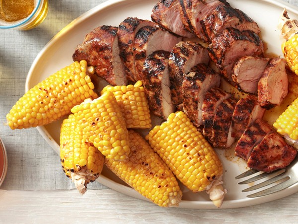 Grilled pork tenderloin with corn on the cob