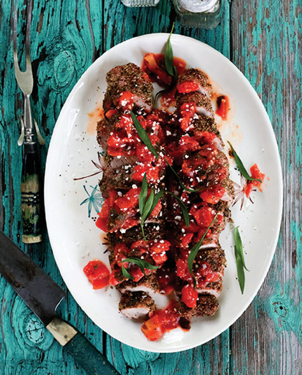 Grilled pork tenderloin with tomato and greens ragu 