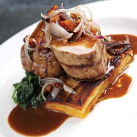 Grilled pork tenderloin with Yukon gold/sweet potato gratin & wilted spinach