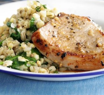Grilled pork with lemon and thyme barley