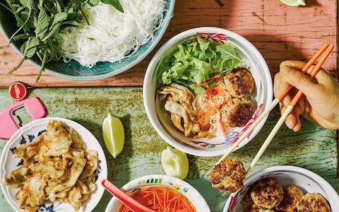 Grilled pork with noodles (Vietnamese bun cha) [nuoc cham sauce, herb  and salad bowl]