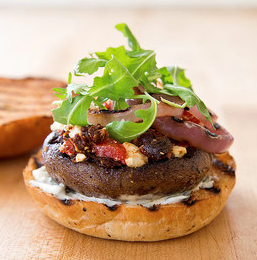 Grilled portobello burgers with garlicky eggplant