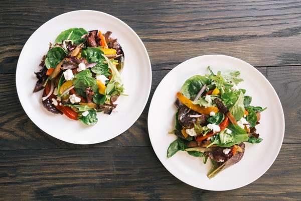 Grilled portobello mushroom salad with mixed greens and roasted peppers