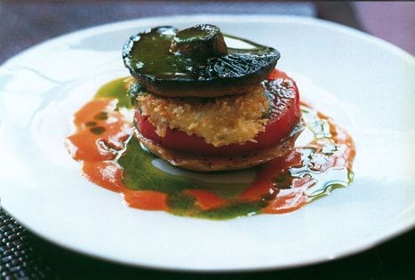 Grilled portobello mushrooms with mozzarella ‘en carrozza’ and pistachio pesto