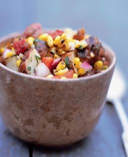 Grilled potato, roasted corn, and smoked pepper salad