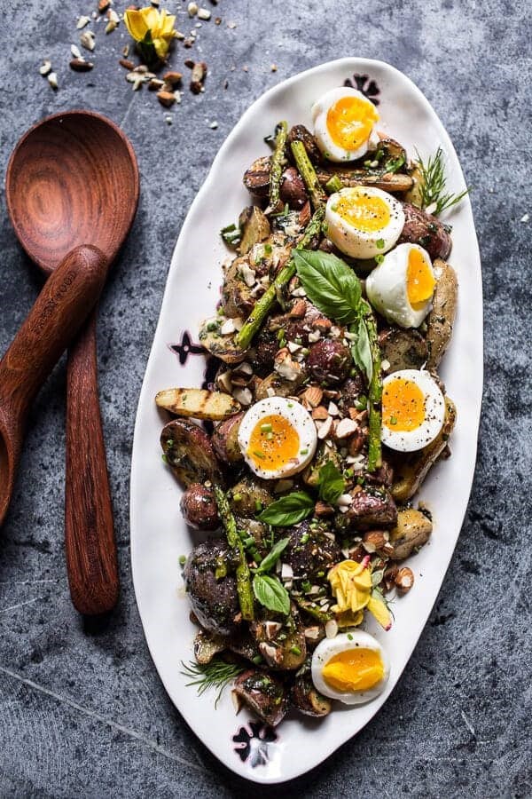 Grilled potato salad with almond-basil chimichurri and 7-minute eggs