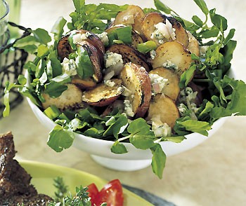 Grilled potato salad with watercress, green onions, and blue cheese vinaigrette