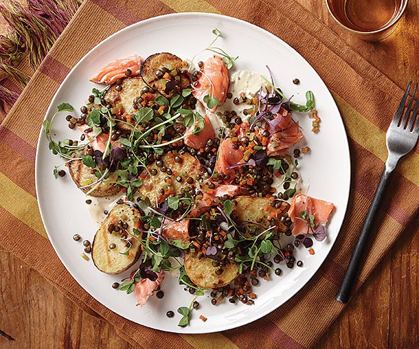 Grilled potato, salmon, and lentil salad with mustard cream sauce