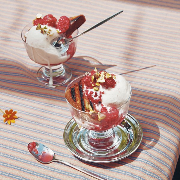 Grilled pound cake sundae with raspberries