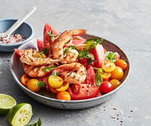 Grilled prawn, watermelon and tomato salad
