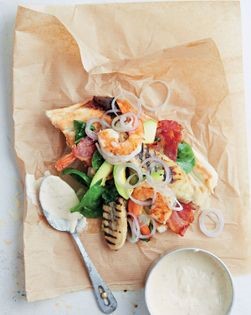 Grilled prawns, bacon and bananas, avocado and chilli mayonnaise