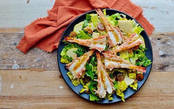 Grilled prawns with pear & walnut salad