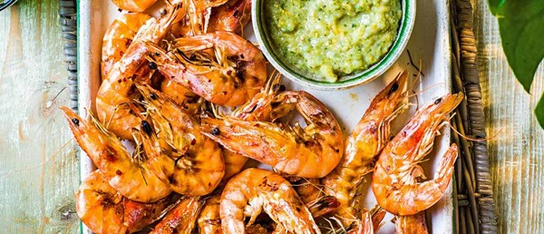 Grilled prawns with roasted gooseberry salsa