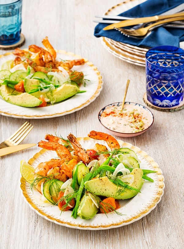 Grilled prawns with slow-roasted tomatoes and tartare dipping sauce