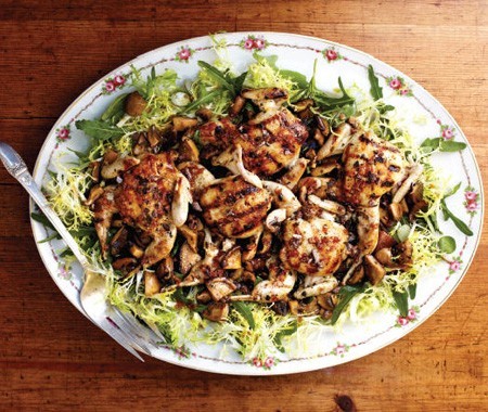 Grilled quail salad with roasted mushrooms and honey coffee vinaigrette