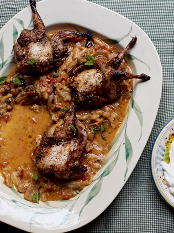Grilled quail with aubergine and graviera
