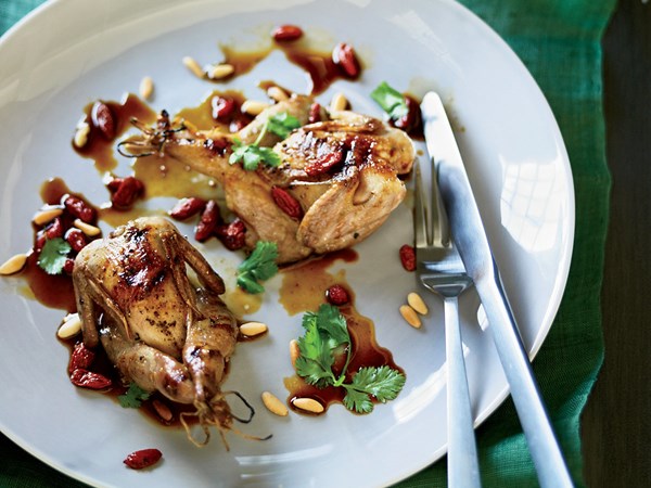 Grilled quail with goji berries and pine nuts