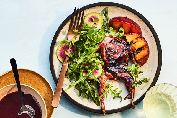 Grilled quail with sweet-and-sour plum glaze
