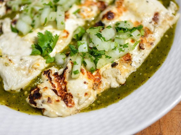 Grilled queso panela with roasted tomatillo and poblano salsa