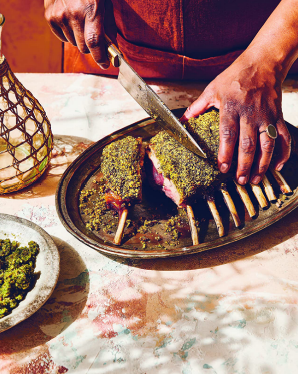 Grilled rack of California lamb with collard-almond pesto