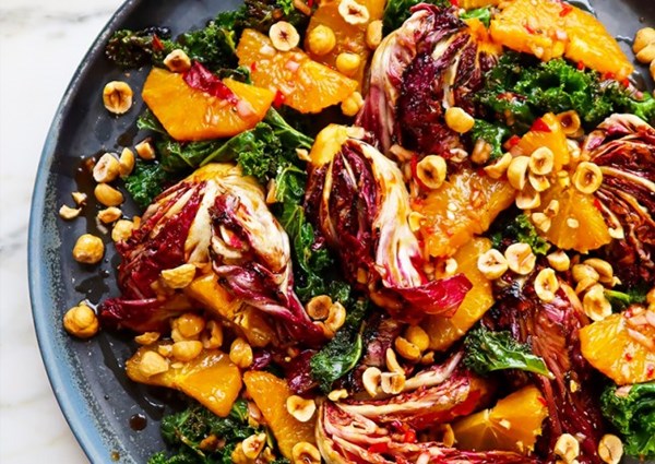 Grilled radicchio and kale salad with orange and hazelnuts
