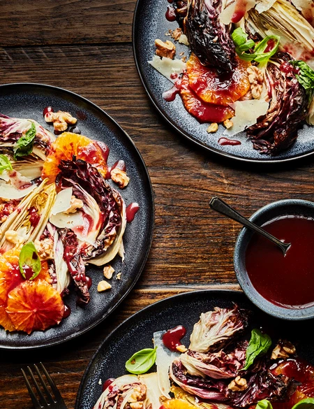 Grilled radicchio, blood orange, Manchego and sour cherry molasses dressing