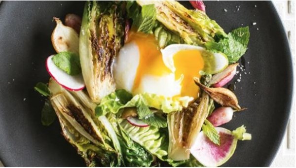 Grilled radishes and baby gem with mint dressing and soft egg
