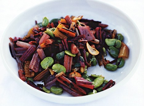 Grilled rainbow chard with fava beans and oregano