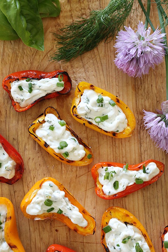Grilled rainbow peppers with herb cream cheese