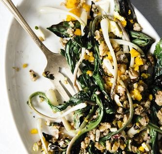 Grilled ramps with parsley, walnuts, and hard-boiled egg
