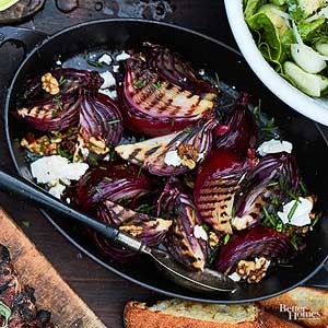 Grilled red onions with crumbled feta
