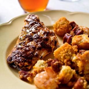 Grilled redfish with andouille & shrimp couche couche