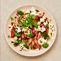 Grilled rhubarb, burrata and pink peppercorn oil