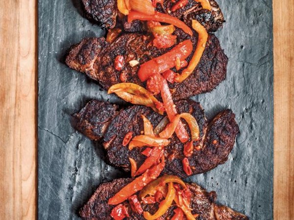 Grilled rib-eyes with peperonata