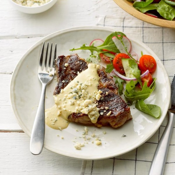 Grilled ribeye with garlic blue cheese mustard sauce