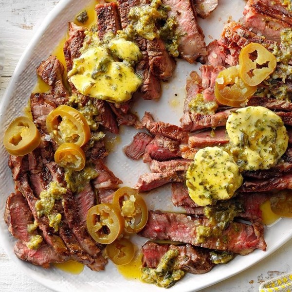 Grilled ribeyes with Hatch chile butter