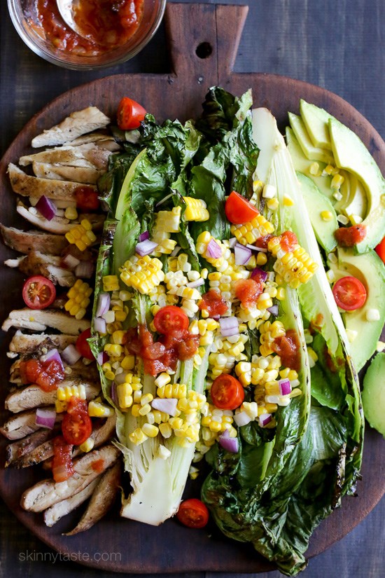 Grilled romaine, corn and chicken salad with salsa dressing