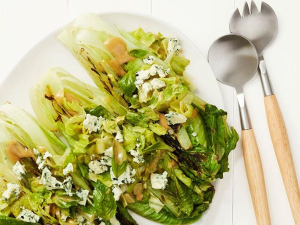Grilled romaine salad with blue cheese and basil