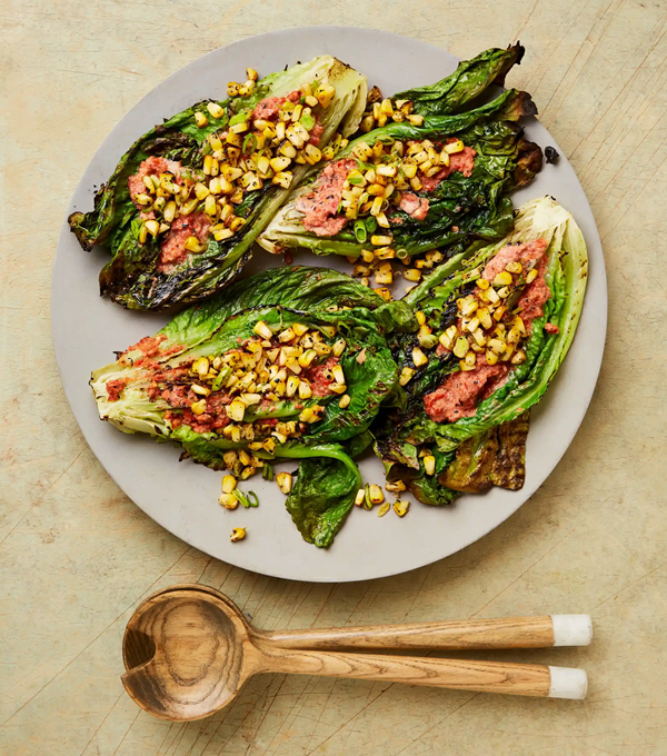 Grilled romaine with charred corn and salsa roja