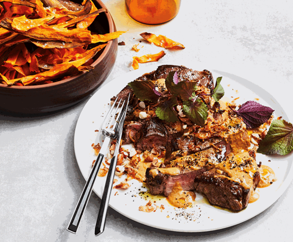 Grilled rump steak with massaman curry sauce