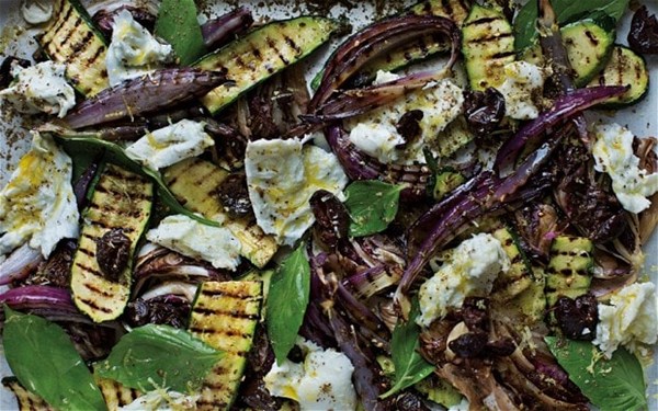 Grilled salad of courgettes, radicchio, basil and mozzarella