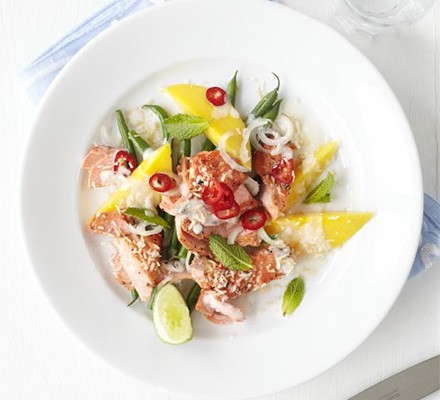 Grilled salmon & mango salad with coconut dressing