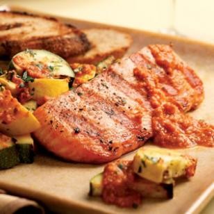 Grilled salmon & zucchini with red pepper sauce