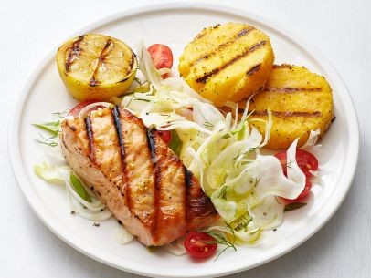 Grilled salmon and polenta with fennel salad