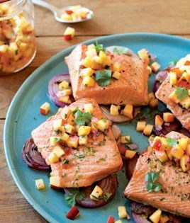 Grilled salmon and red onions with nectarine salsa