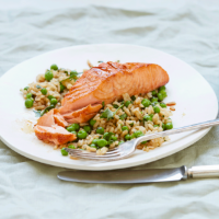 Grilled salmon fillets with pea and coriander rice