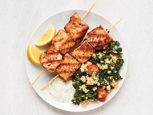 Grilled salmon kebabs with kale tabbouleh