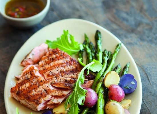 Grilled salmon, potato & asparagus salad